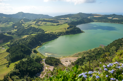 Volcanic crater lake near Furnas, Azores, Portugal.