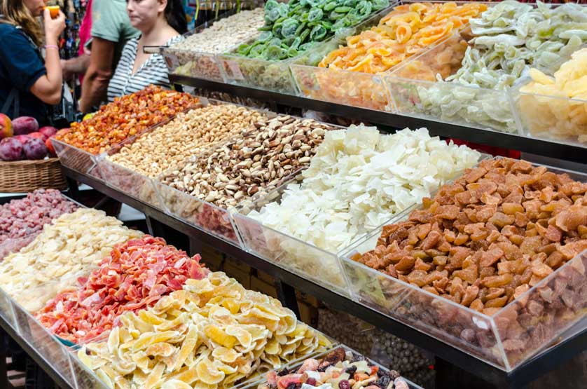 Various dried fruits on sale at the Mercado dos Lavradores in Funchal.