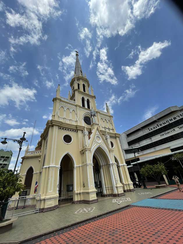 The elegant cream-colored church.
