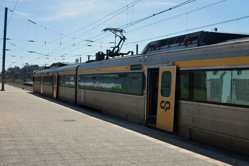 Train from Lisbon at the station, Portugal.