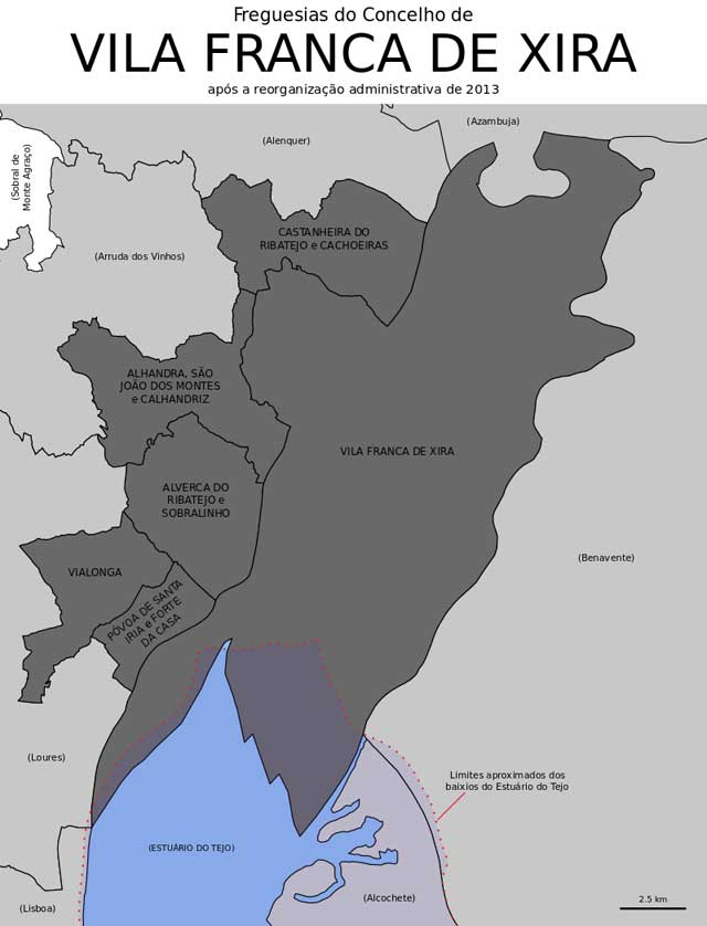 Map of Vila Franca de Xira showing the municipality and parishes.